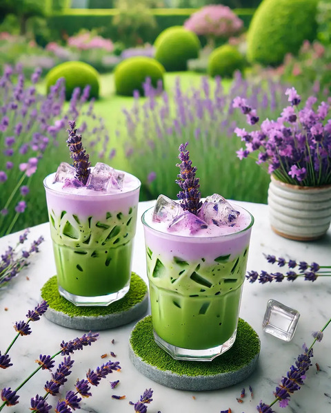 lavender matcha latte recipe with cold lavender foam and a sprig of lavender